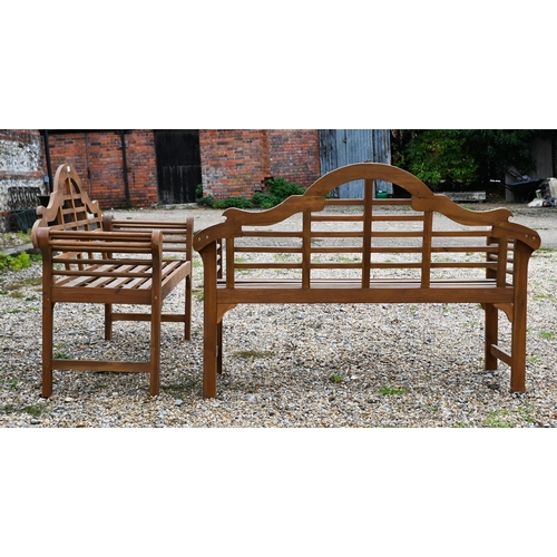 19 - A pair of Lutyens design teak garden benches, 130 cm w, both at fault