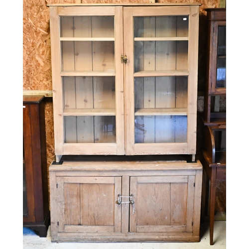 198 - An old glazed pine cabinet, 120 cm x 25 cm x 130 cm h to/with an old pine two door cupboard, 126 cm ... 