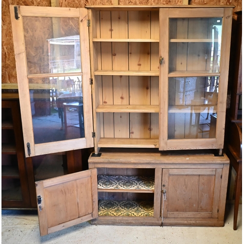 198 - An old glazed pine cabinet, 120 cm x 25 cm x 130 cm h to/with an old pine two door cupboard, 126 cm ... 