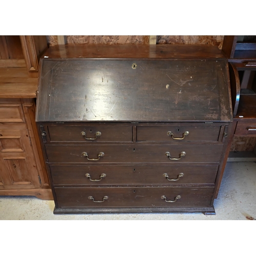 202 - # A George III mahogany fall front bureau, with two short over three long graduated drawers, 112 cm ... 