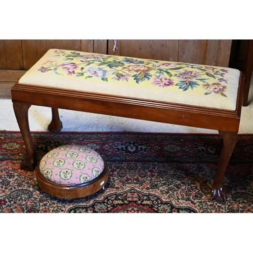 207 - A Victorian style needlepoint seat long stool, 84 cm x 38 cm x 40 cm h to/with a circular Victorian ... 