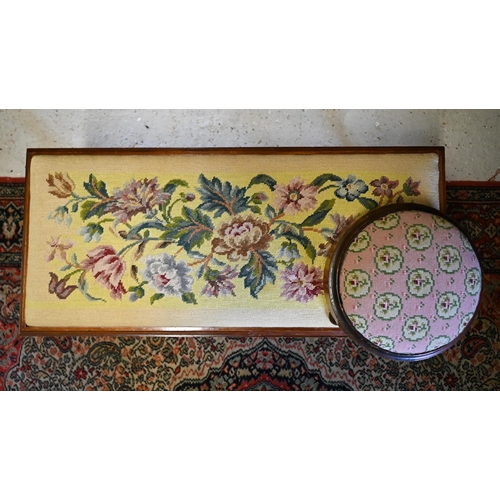 207 - A Victorian style needlepoint seat long stool, 84 cm x 38 cm x 40 cm h to/with a circular Victorian ... 