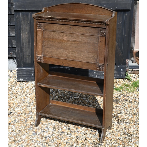 212 - An Art Nouveau period oak fall front student bureau, open shelves below, 71 cm x 25 cm x 122 cm h