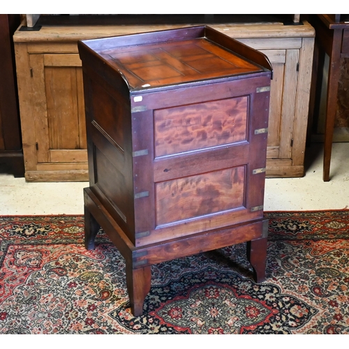 213 - An old mahogany campaign style night stand (converted from a commode), pedestal, 47 cm x 47 cm x 80 ... 