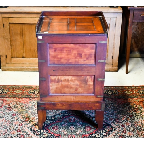 213 - An old mahogany campaign style night stand (converted from a commode), pedestal, 47 cm x 47 cm x 80 ... 