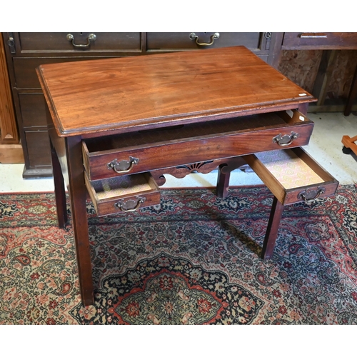 220 - An 18th century mahogany three drawer lowboy, raised on square chamfered legs, 80 cm x 47 cm x 70 cm... 