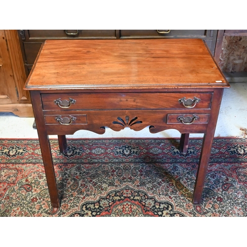 220 - An 18th century mahogany three drawer lowboy, raised on square chamfered legs, 80 cm x 47 cm x 70 cm... 