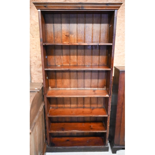 240 - An old stained pine six tier open bookcase, 94 cm x 25 cm x 105 cm h