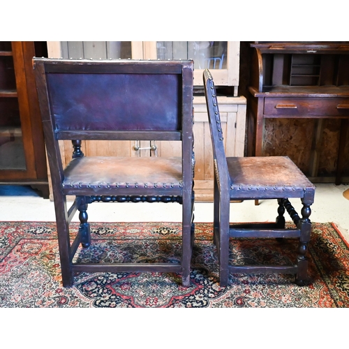 242 - A set of six oak framed brass studded brown leather dining chairs in the 17th century style, compris... 