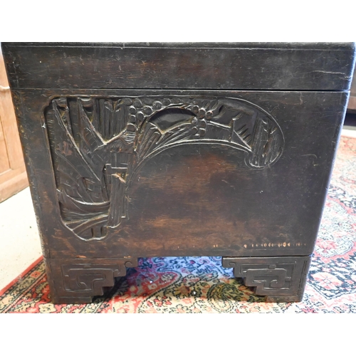 256 - A 1930's Chinese stained and carved camphorwood trunk, with original tray to the interior and brass ... 