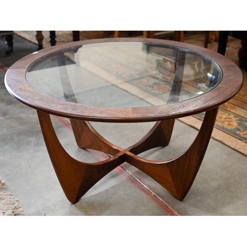 A 1960s G-Plan teak 'Astro' circular coffee table with inset glass top (re-finished), 84 cm diam x 45 cm high