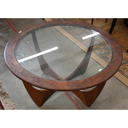 260 - A 1960s G-Plan teak 'Astro' circular coffee table with inset glass top (re-finished), 84 cm diam x 4... 