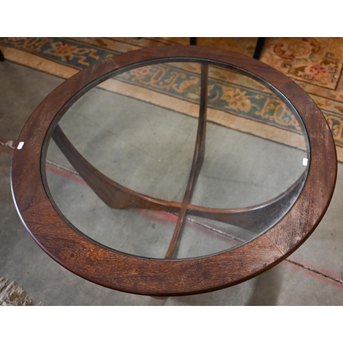 260 - A 1960s G-Plan teak 'Astro' circular coffee table with inset glass top (re-finished), 84 cm diam x 4... 