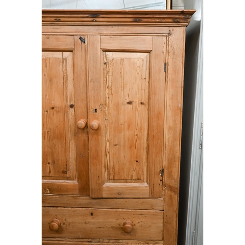 263 - A waxed pine cupboard with panelled cupboards over two drawers, 110 cm wide x 55 cm deep x 162 cm hi... 