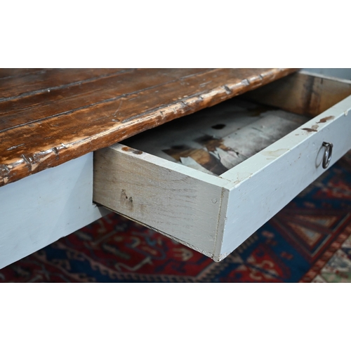 280 - A country house servant's hall dining table with planked pine top on painted base with two frieze dr... 