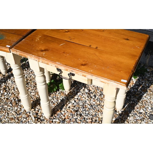 286 - A pair of part-painted pine side tables, 64 cm wide x 45 cm x 42 cm high