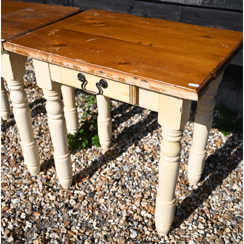 286 - A pair of part-painted pine side tables, 64 cm wide x 45 cm x 42 cm high