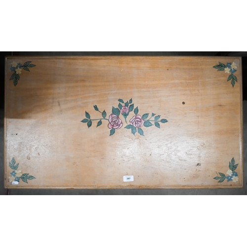 287 - A lime-washed floral painted beech blanket chest with wicker panelled sides and brass handles, 90 cm... 