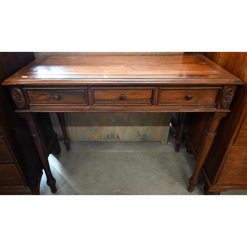 294 - A hardwood hall table with three frieze drawers, 98 cm wide x 48 cm deep x 75 cm high