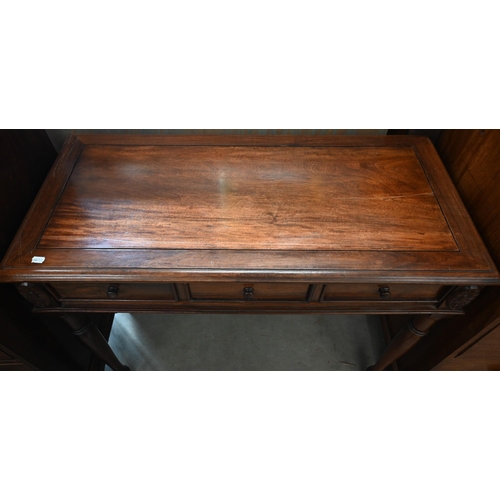 294 - A hardwood hall table with three frieze drawers, 98 cm wide x 48 cm deep x 75 cm high