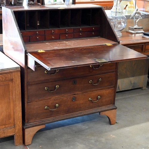 295 - 19th century mahogany fall front bureau comprising two short over three long drawers raised on brack... 