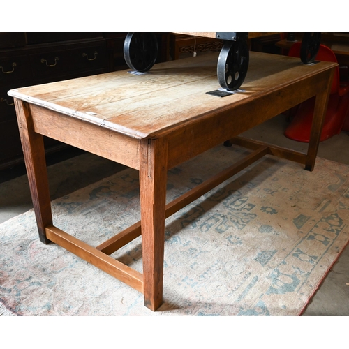 297 - A French hardwood (possibly chestnut) rustic kitchen dining table on tapering square supports, unite... 