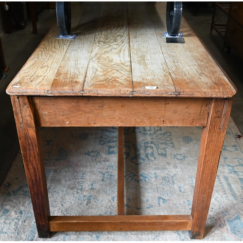 297 - A French hardwood (possibly chestnut) rustic kitchen dining table on tapering square supports, unite... 