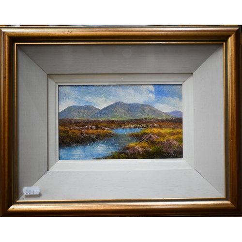 311 - Jerry Marjoram (b 1936) - Irish landscape with river and distant hills, oil on board, signed, 11 x 1... 