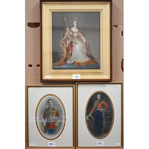 315 - Study of a seated Queen Victoria, 28 x 23 cm to/w hand-coloured engravings by J Brown (4)