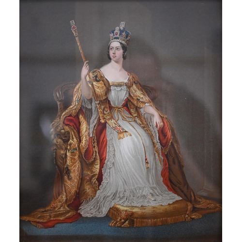 315 - Study of a seated Queen Victoria, 28 x 23 cm to/w hand-coloured engravings by J Brown (4)