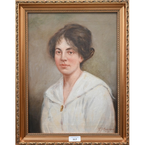 317 - P J Woodrow - Portrait of a lady in a white dress, oil on canvas, signed and dated 1917, 39 x 29 cm