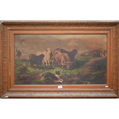 322 - # Early 20th century canvas print of Highland cattle in a landscape, 46 x 85 cm