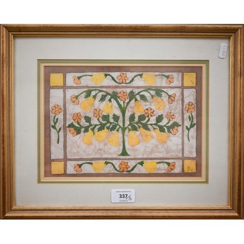 337 - C Kline-Blanckand - Three framed batik-printed panels, fruit and flowers, vegetables and flowers, ch... 