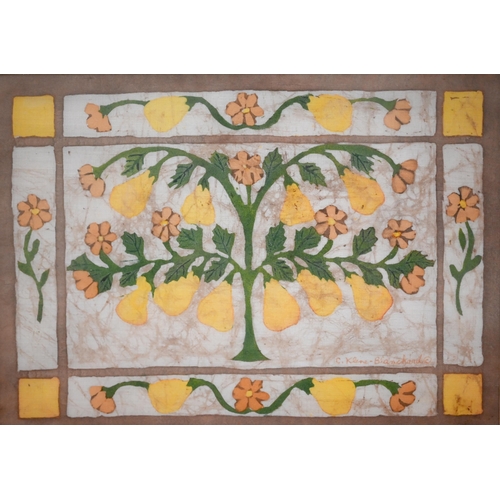 337 - C Kline-Blanckand - Three framed batik-printed panels, fruit and flowers, vegetables and flowers, ch... 