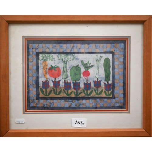 337 - C Kline-Blanckand - Three framed batik-printed panels, fruit and flowers, vegetables and flowers, ch... 