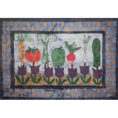 337 - C Kline-Blanckand - Three framed batik-printed panels, fruit and flowers, vegetables and flowers, ch... 