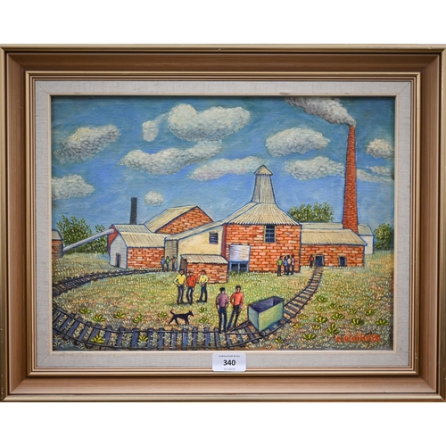 340 - Gwendoline Clarke - 'Early mining at Maldon', oil on board, signed and dated '84, 29 x 39 cm 