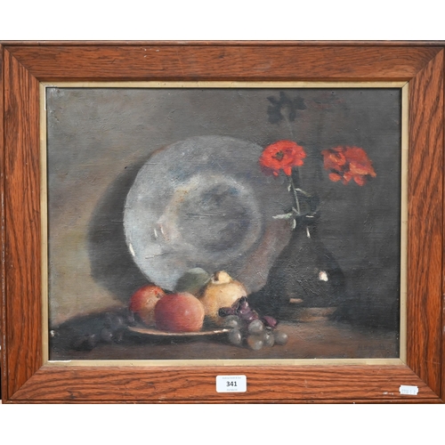 341 - H Hewitt - Still life study with fruit and red flowers, oil on canvas, signed, 35 x 45 cm 