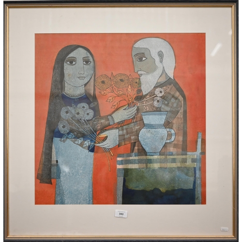 343 - Badrinarayan (Indian, b 1929) - 'The Couple', watercolour, signed with initials, 54 x 54 cm