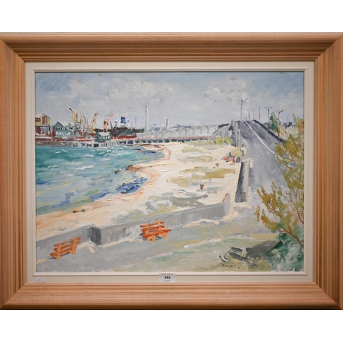 344 - Pickard - Coastal bridge, oil on canvas board, signed and dated '82, 45 x 60 cm 