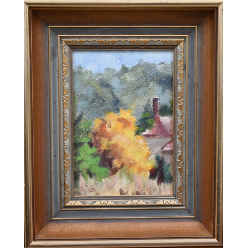 351 - Mixed oils - Joan Ross - 'Bush Scene', oil on board, signed and dated '89, 19.5 x 14 cm; Phyllis Aco... 