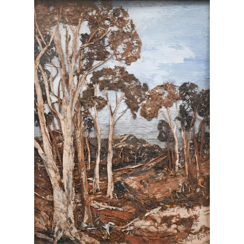 351 - Mixed oils - Joan Ross - 'Bush Scene', oil on board, signed and dated '89, 19.5 x 14 cm; Phyllis Aco... 