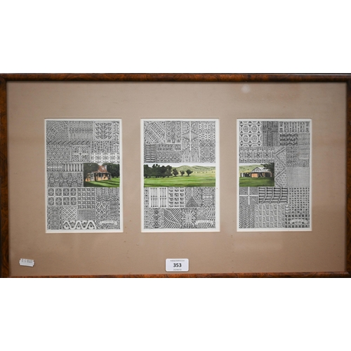 353 - P Coster - A trio of intricate pen and ink designs with watercolour landscapes, framed as one, 32 x ... 