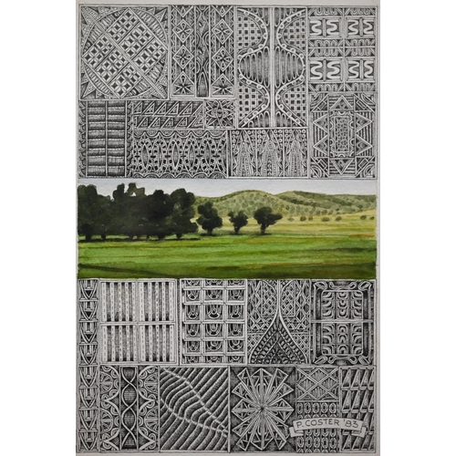 353 - P Coster - A trio of intricate pen and ink designs with watercolour landscapes, framed as one, 32 x ... 