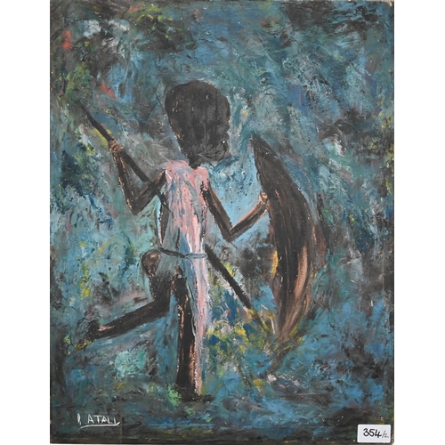 354 - D Atall - Figure with shield and spear, oil on canvas laid on wood, signed, 51 x 30 cm to/w Shaaron ... 