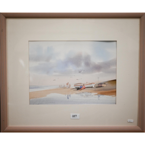 357 - Tony Smibert - Australian coastal view, watercolour, signed, 25 x 35 cm to/w John Hume - A pair of w... 