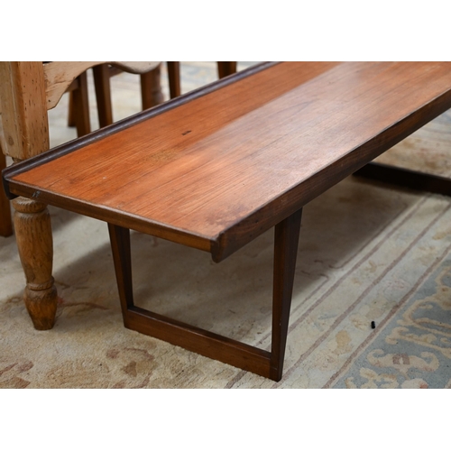 389 - A mid-century teak and afromosia 'Lovig Dansk Design' coffee table, 150 x 45 x 40 cm high