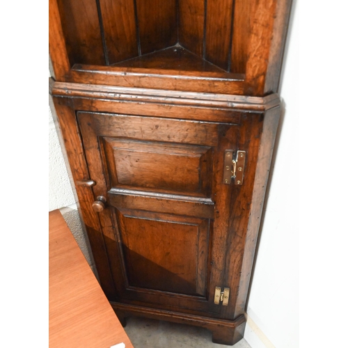 395 - A Titchmarsh & Goodwin oak corner cabinet with open shelves over a panelled cupboard door, 168 c... 