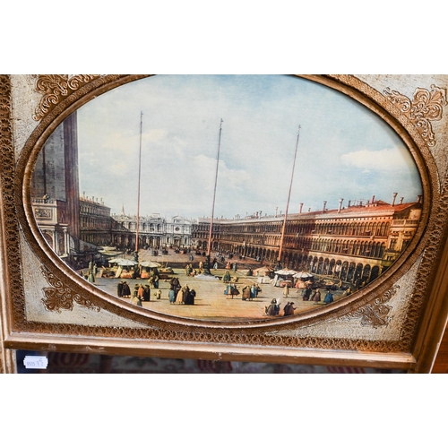 398 - A painted and gilt framed trumeau mirror with Caneletto St Mark's Square printed panel over rectangu... 