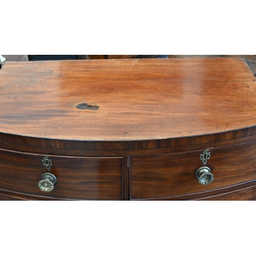 400 - A small 19th century mahogany bowfront chest with two short over two long drawers on splayed bracket... 